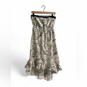 1990s Hawaiian Ruffle Hem Strapless Dress in Cream and Black